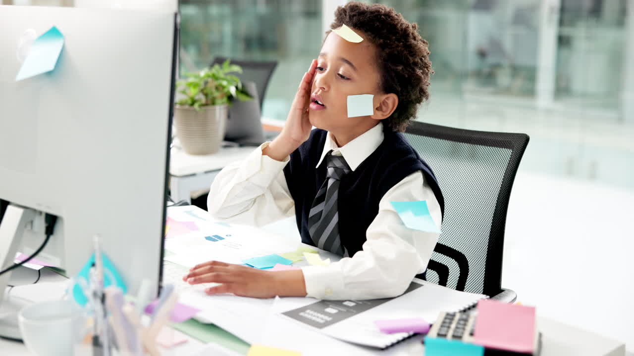 Lille dreng, der arbejder ved computer på kontor med sticky notes