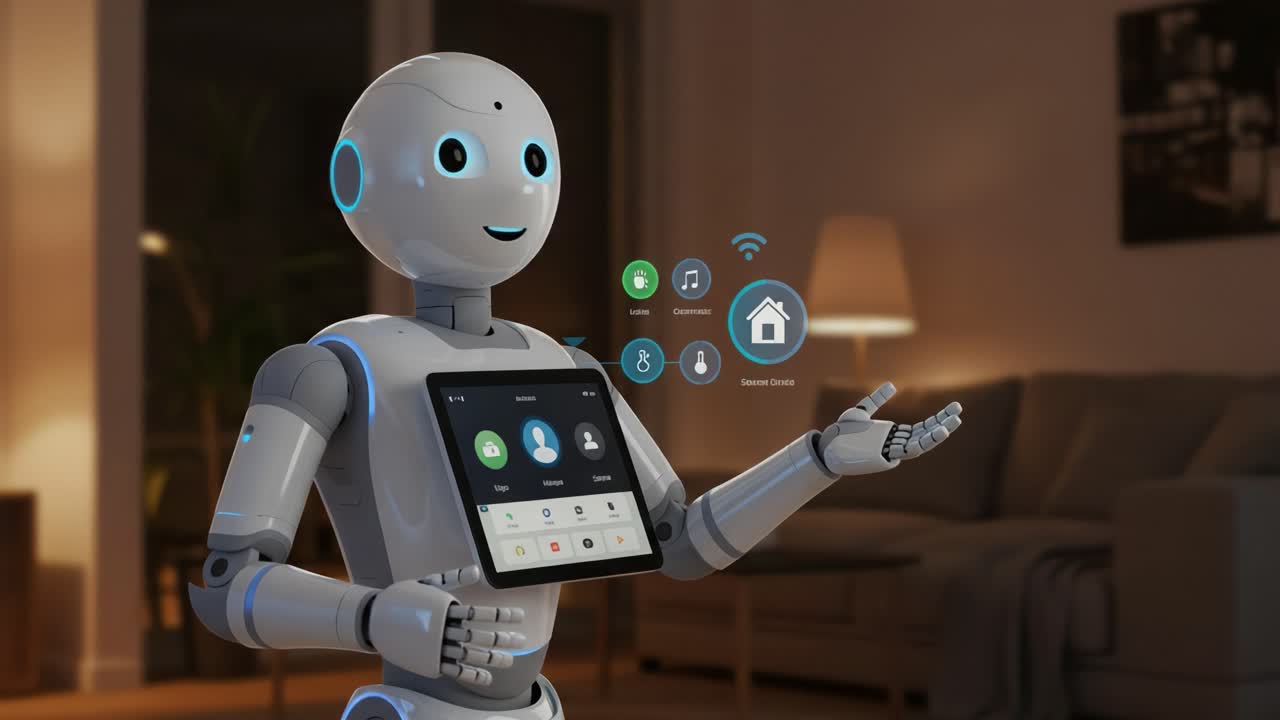 A Friendly Home Assistant Robot Interacting with Smart Technology, Displaying Accessible Controls for Music, Communication, and Home Management in a Cozy Living Space