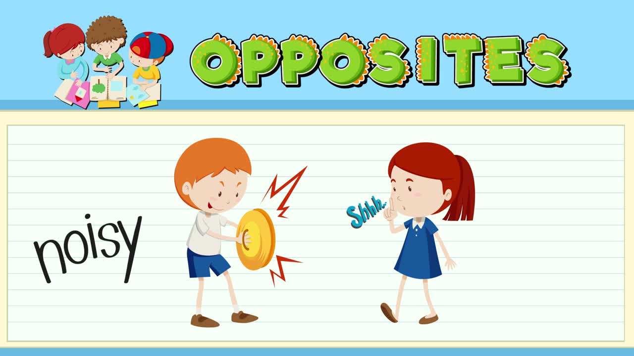 A playful animation illustrating the contrast between noisy and quiet through two characters interacting with sound effects