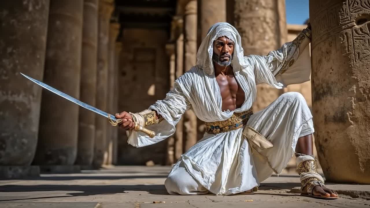 A man in a white outfit holding a sword in front of a building