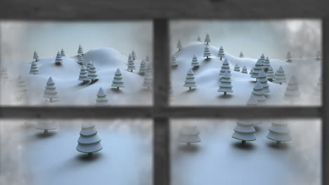 Animation-of-snow-falling-and-christmas-winter-scenery-seen-through-window