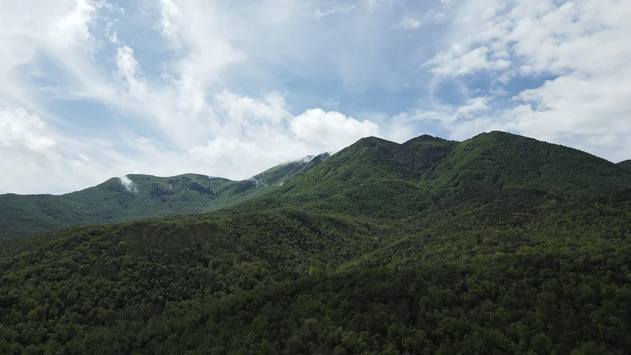 Breathtaking mountain landscape showcases the beauty of nature with lush green forest covering the slopes and a cloudy sky overhead, offering a serene and picturesque view