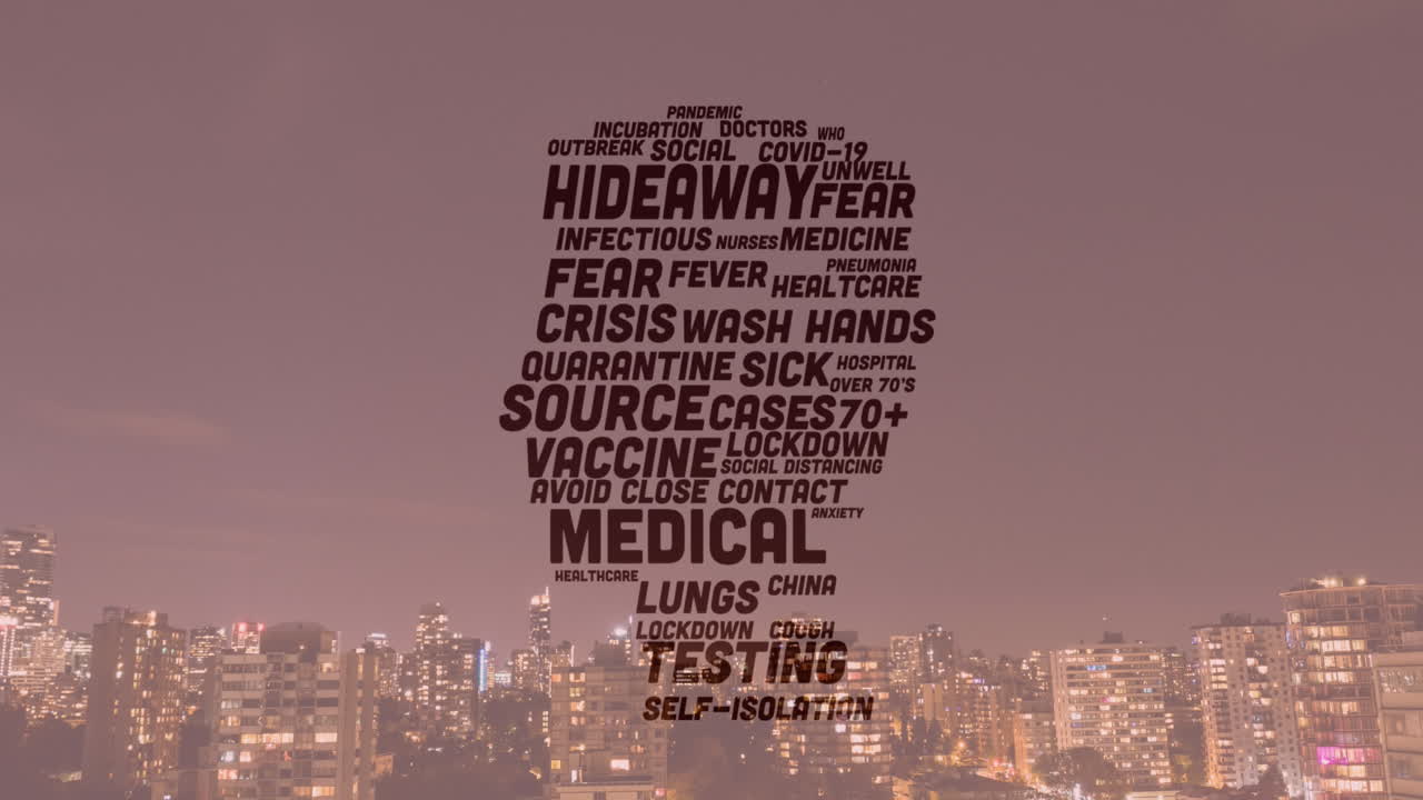 animação de distanciamento social e texto de covid 19 formando cabeça humana sobre a paisagem da cidade