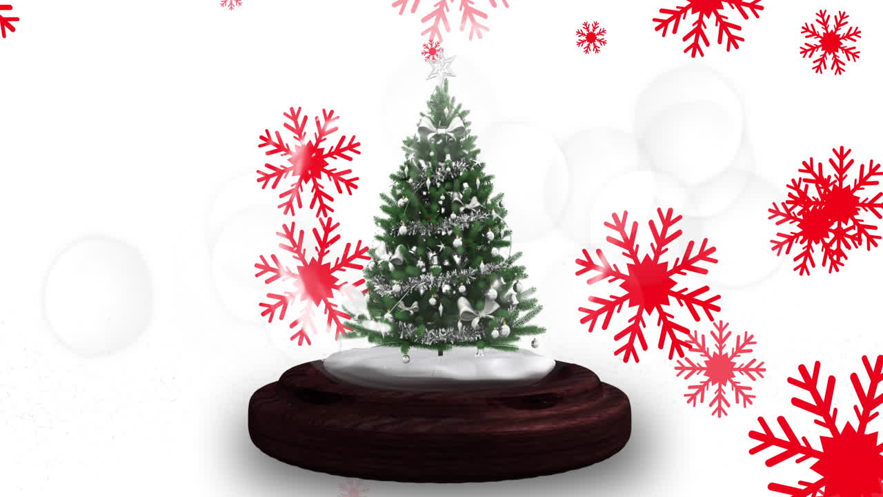 눈이 떨어지고 별이 떨어지는 크리스마스 트리 위에 있는 눈 글로브의 애니메이션