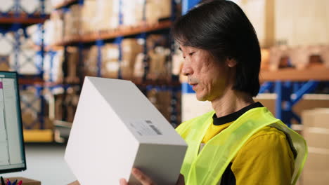 vertical video asian staff manages awb labeling and scanning barcodes before dispatch
