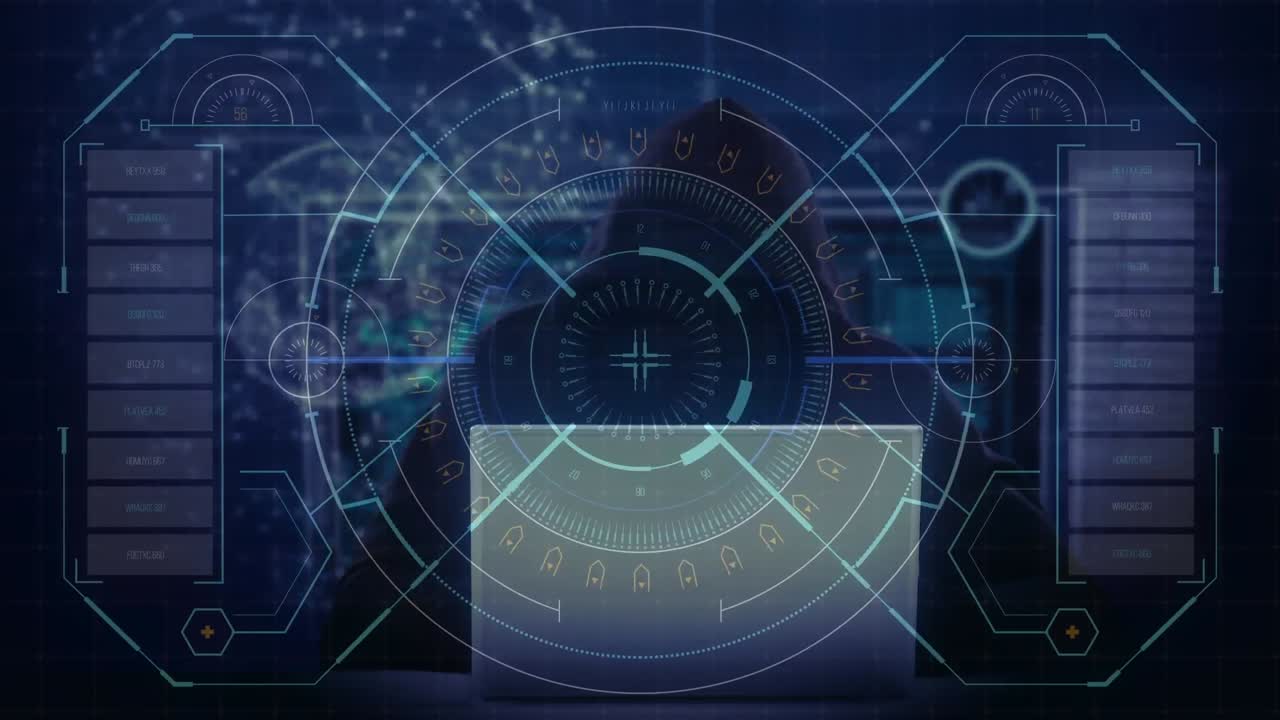 animación del procesamiento de datos sobre un hacker con una computadora portátil