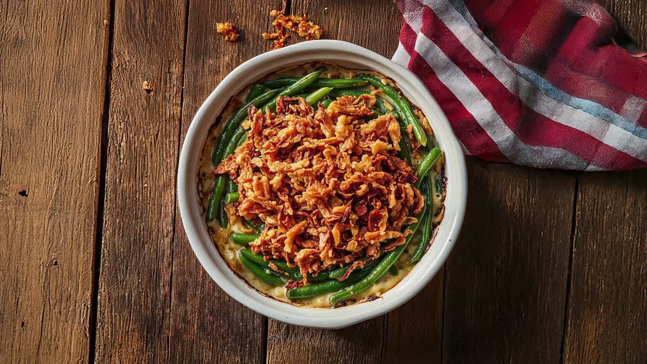 sartén de frijoles verdes con cebollas crujientes