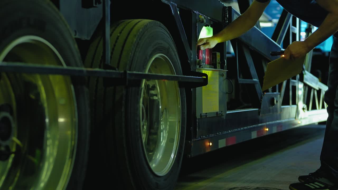 A mechanic carefully inspects the hydraulic control panel on a double-deck car hauler trailer, ensuring the vehicle's safe operation.