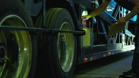 a mechanic carefully inspects the hydraulic control panel on a double-deck car hauler trailer, ensuring the vehicle's safe operation.