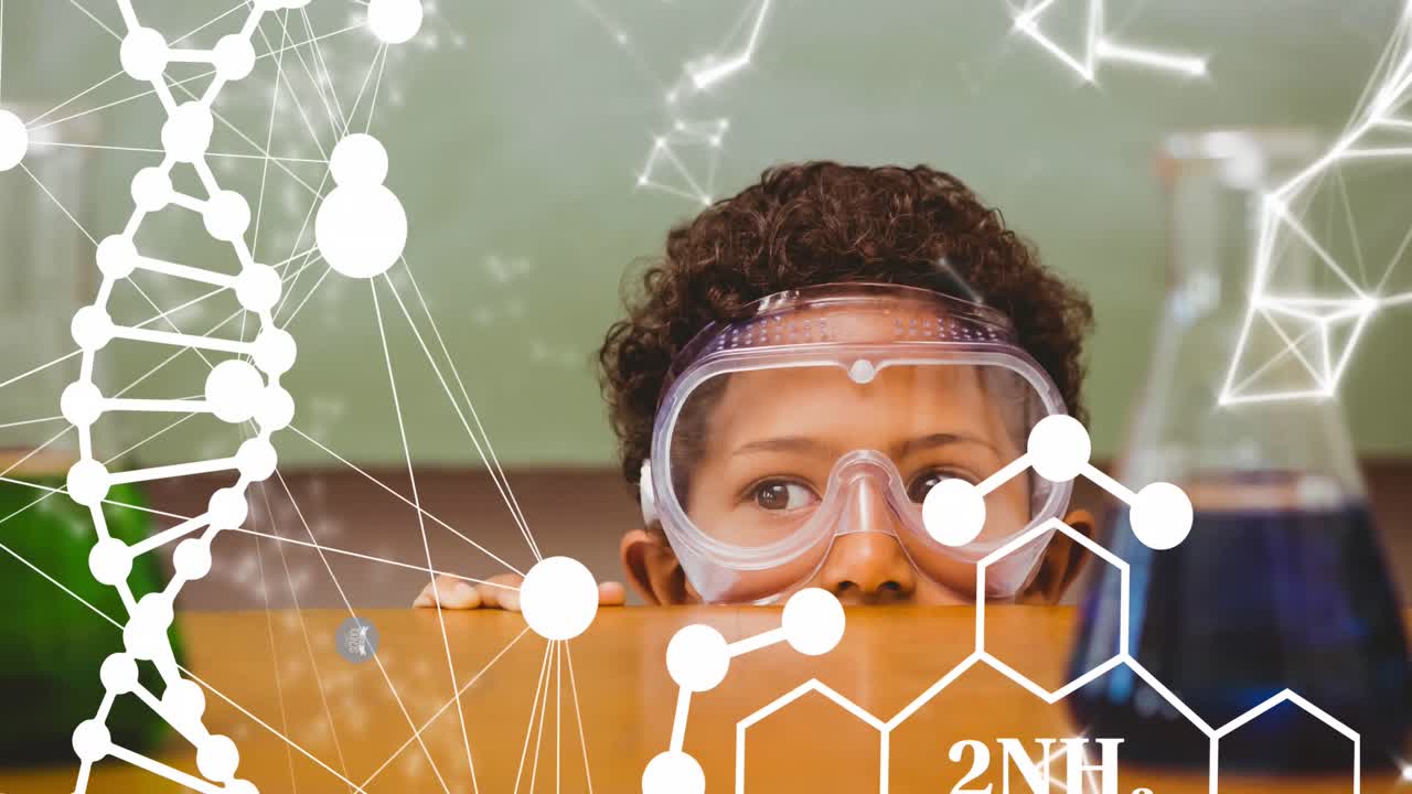 animación de regreso a la escuela trata de texto y moléculas sobre escolares y vasos