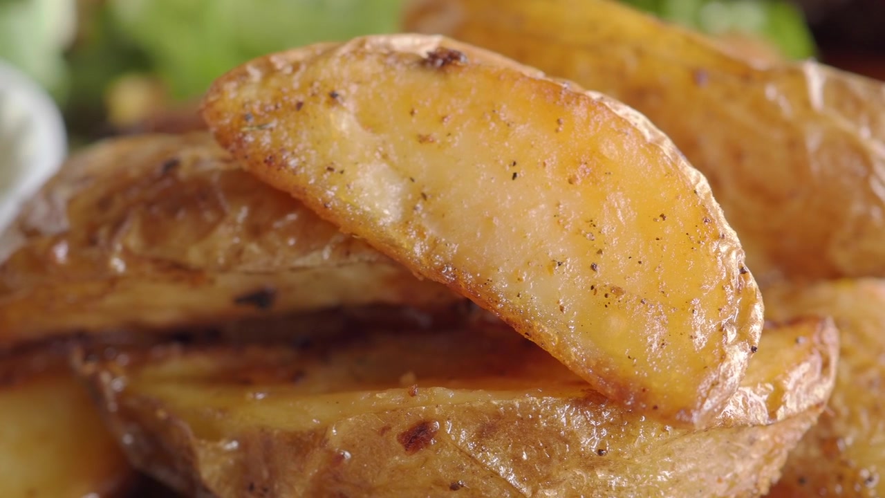 Primo piano di spicchi di patate arrosto dorate