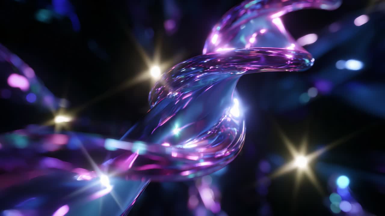A mesmerizing sequence showcasing the fluidity and beauty of vibrant colored strands intertwined, radiating shimmering light against a dark, enchanting background, capturing the essence of dynamic motion and visual artistry