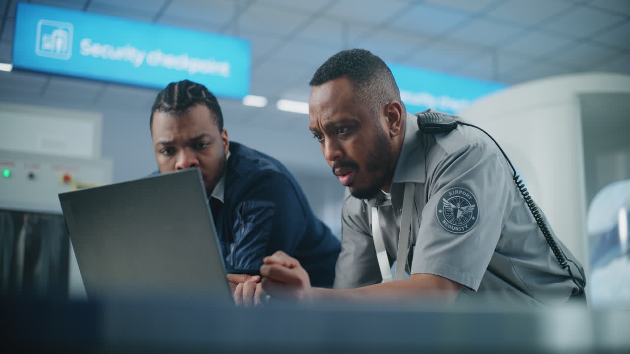 personal de seguridad del aeropuerto comprobando el portátil