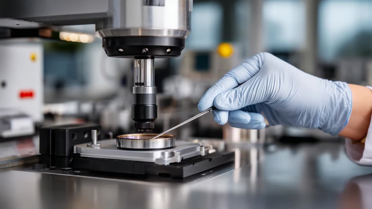 A detailed look at a scientist's hand poised over a microscope, gathering samples for examination, capturing the essence of laboratory research, precision analysis, and innovative scientific exploration