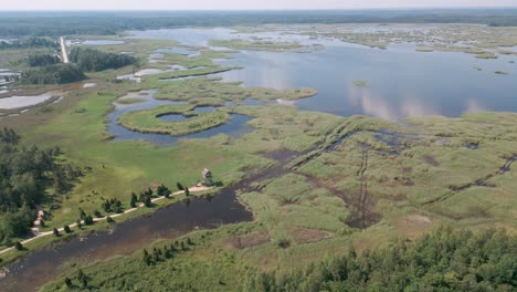 jurmala, letonia - vuelo aéreo de drones vista de pájaro de la torre de observación de aves de riekstusala en el sendero de caña del lago kaniera en el fondo del parque nacional de kemeri con pantanos y muchos lagos pequeños