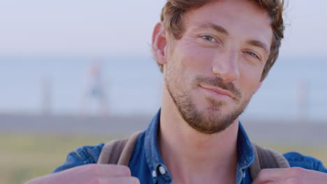 man, backpack and beach portrait for travel