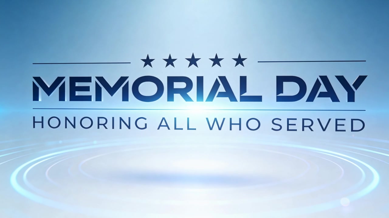 Pulsing MEMORIAL DAY header in studio set with overhead spotlight brightening, showing stars, rings