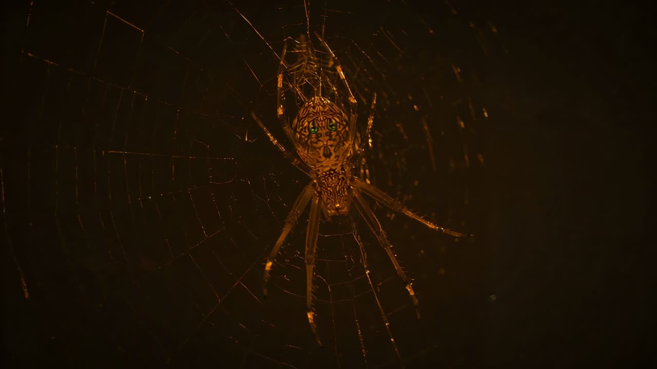 Casting amber light revealing orb-weaver spider sensing tremors pulsing legs on web in dark nook