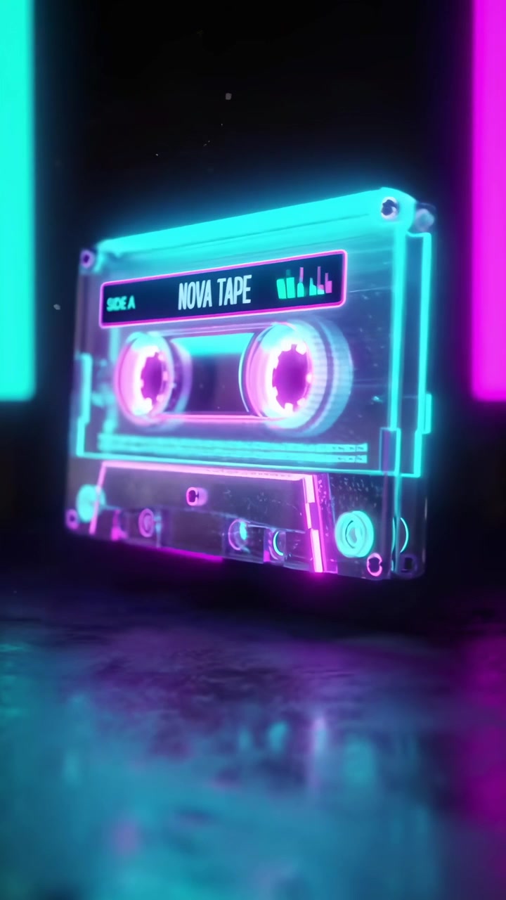 Cassetta a nastro luminosa al neon che riproduce musica con visualizzatore
