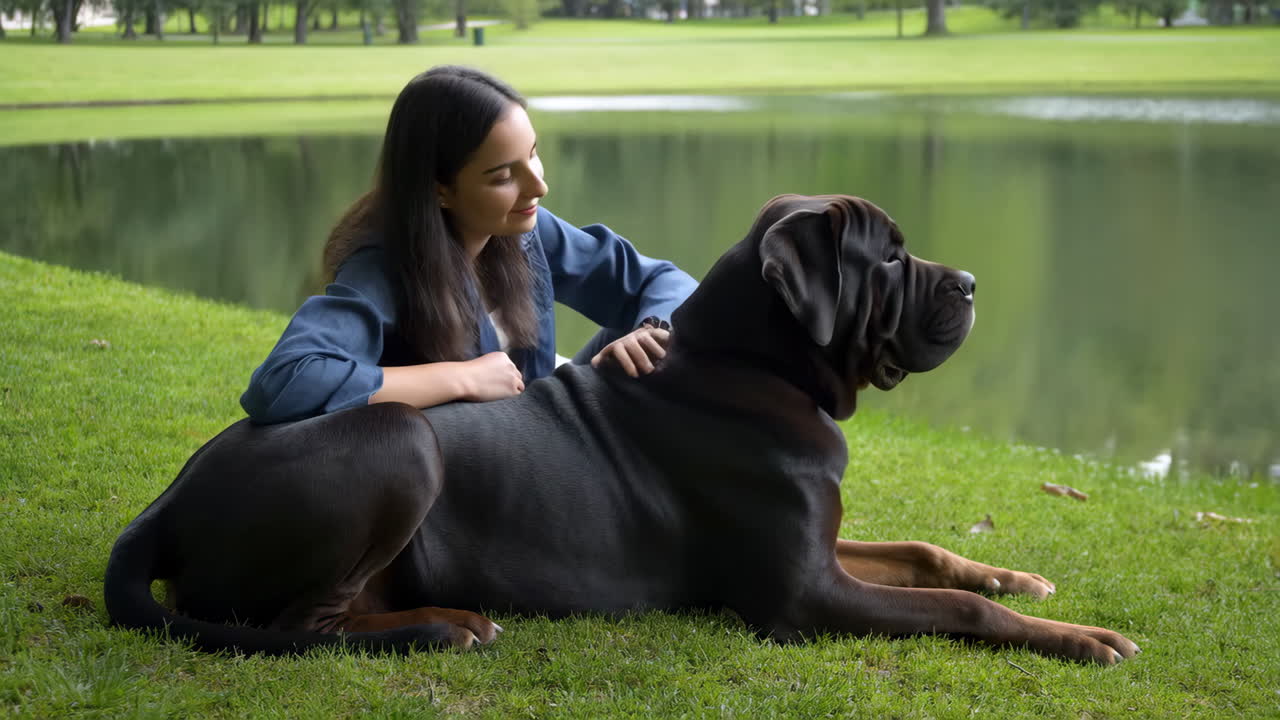 Woman petting her mastiff dog near a lake