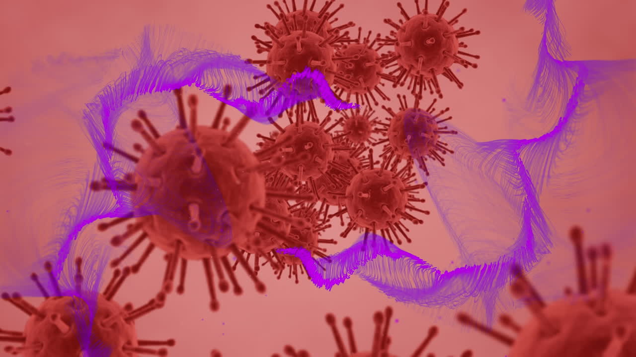 animación de senderos de luz púrpura y células de covid 19 rojas