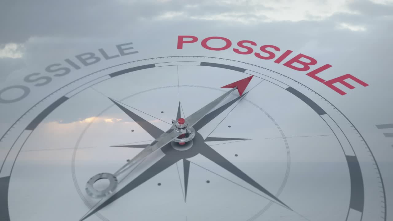 Cloud glint initiating compass arm rotating clockwise while camera pulling back revealing POSSIBLE