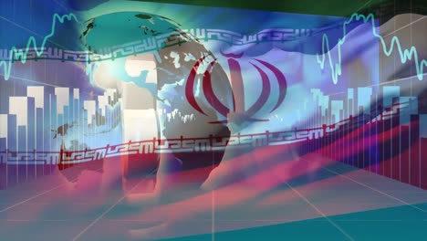 animation of moving flag of iran over data processing and globe