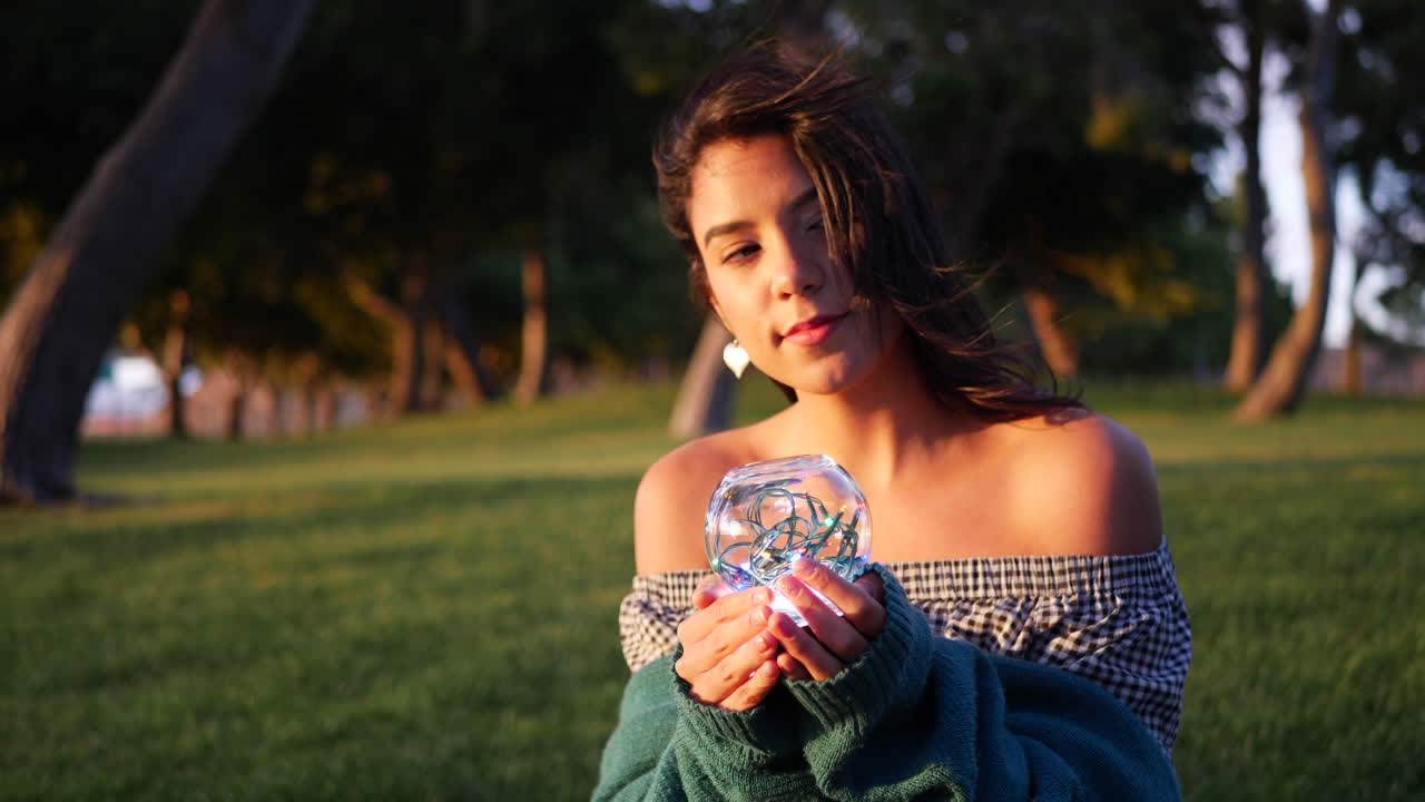 una hermosa hechicera sosteniendo una mágica bola de cristal brillante con una mirada encantadora y misteriosa