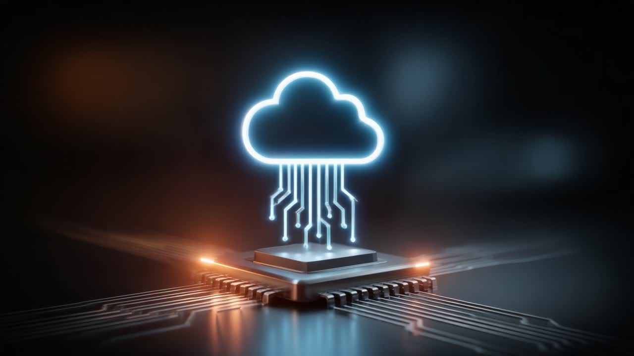 A Stunning Visualization of Cloud Technology with Neon Elements, Showcasing the Connection Between Data and Digital Cloud Services through Some Futuristic Circuitry Design