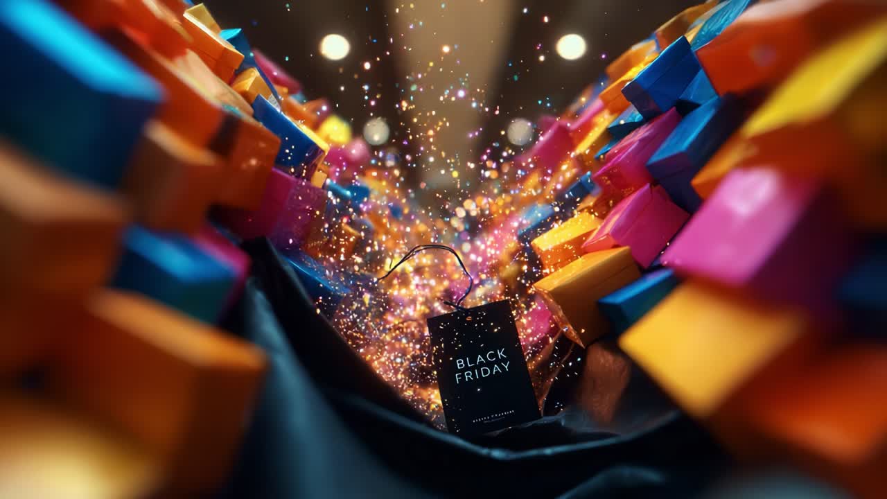 An extravagant celebration of consumerism, showcasing vibrant colors, sparkling effects, and a central shopping bag highlighted during a major shopping event that stimulates festive excitement