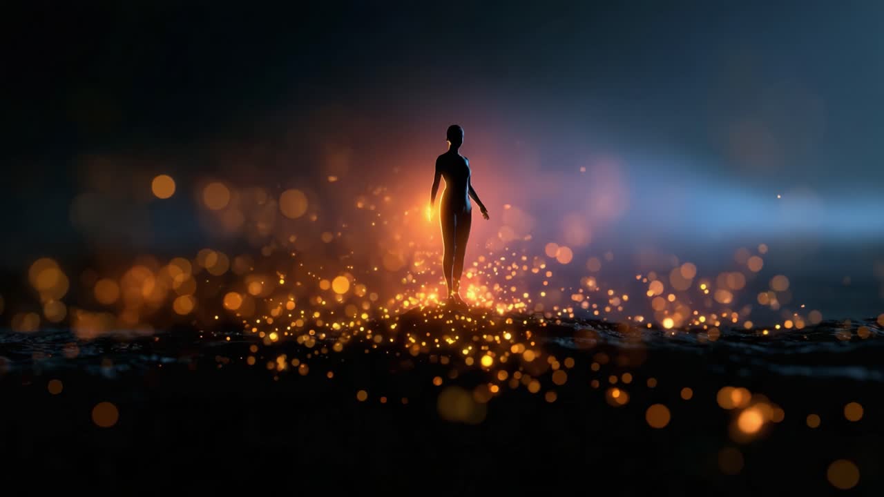 A silhouette figure stands amidst a mesmerizing display of glowing particles, creating an enchanting aura in a mystical and dreamlike atmosphere