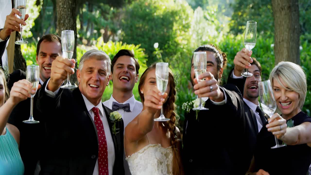 Guests, bride and groom toasting champagne flutes 4K 4k