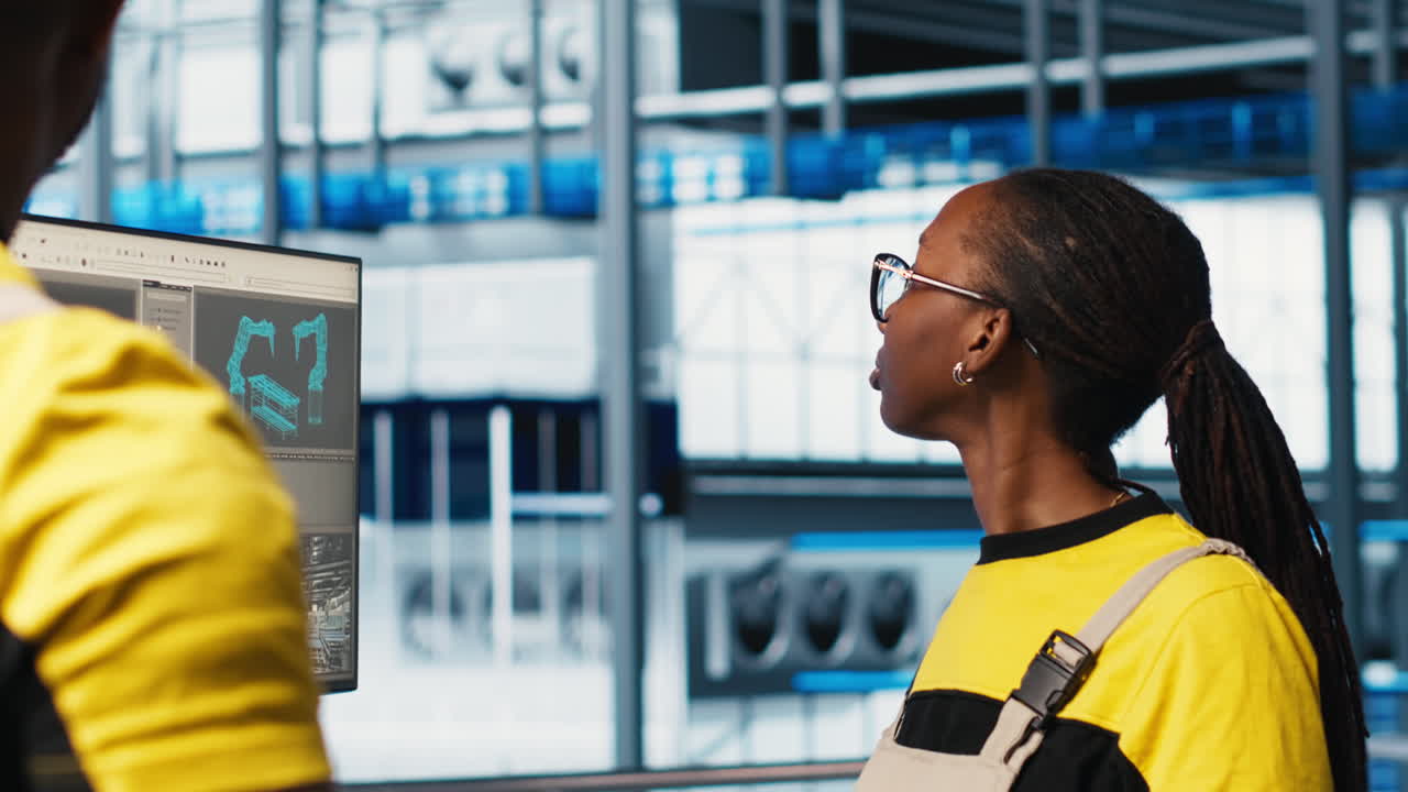 Photovoltaics smart factory engineer talks with coworker, diagnosing malfunction