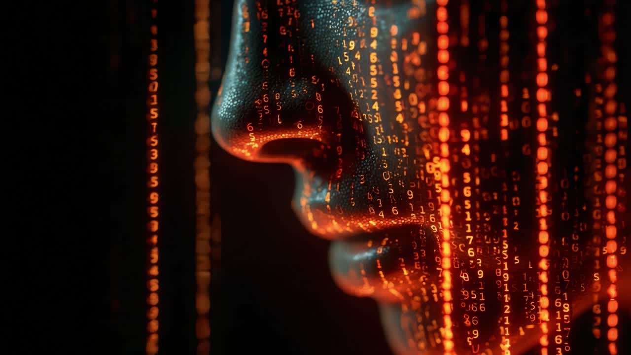 A Fascinating Blend of Technology and Humanity: The Abstract Representation of a Face Merged with Glowing Binary Code, Exploring the Intersection of Digital Data and Human Identity, Innovation, and Complexity