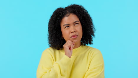 thinking, idea and confused with face of woman