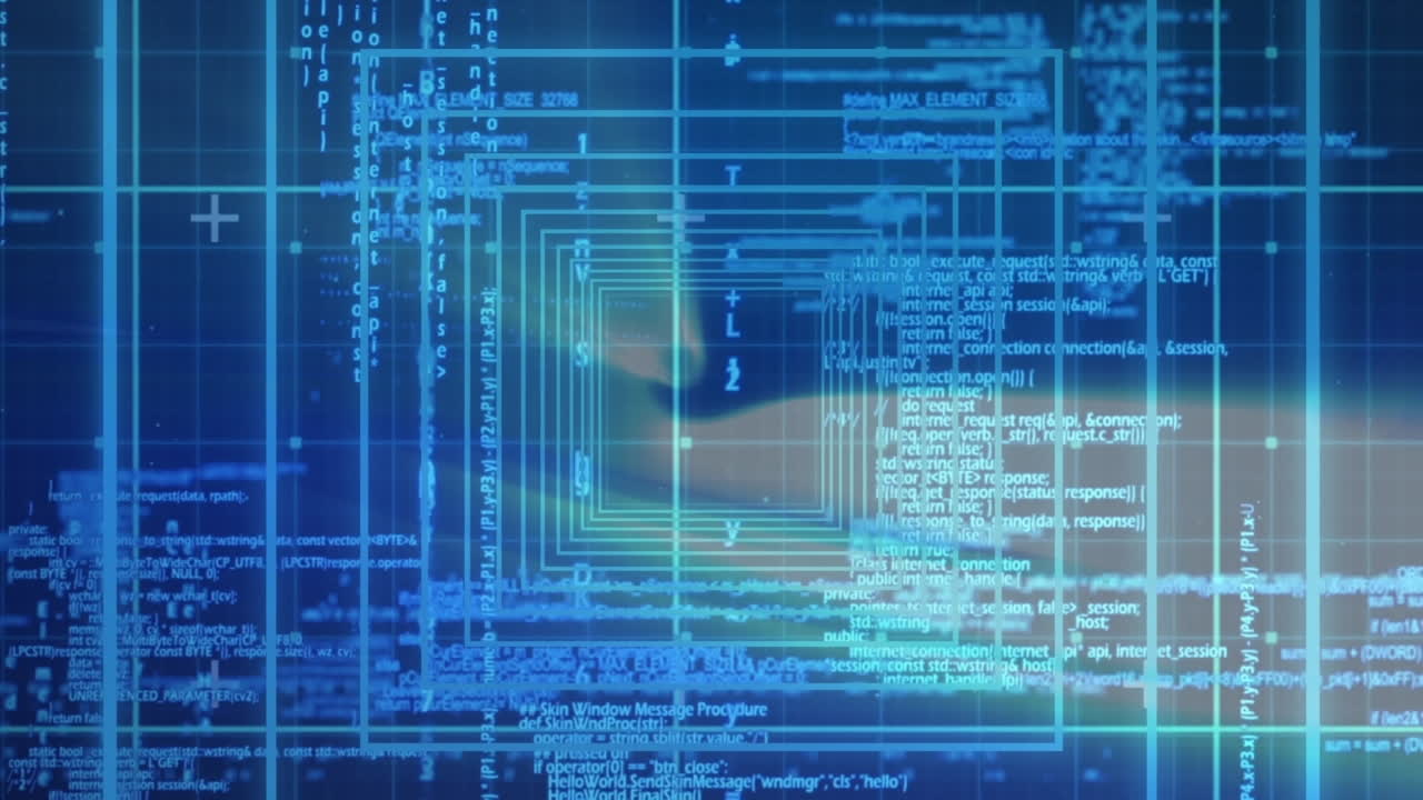 Animation of digital data processing over grid on blue background