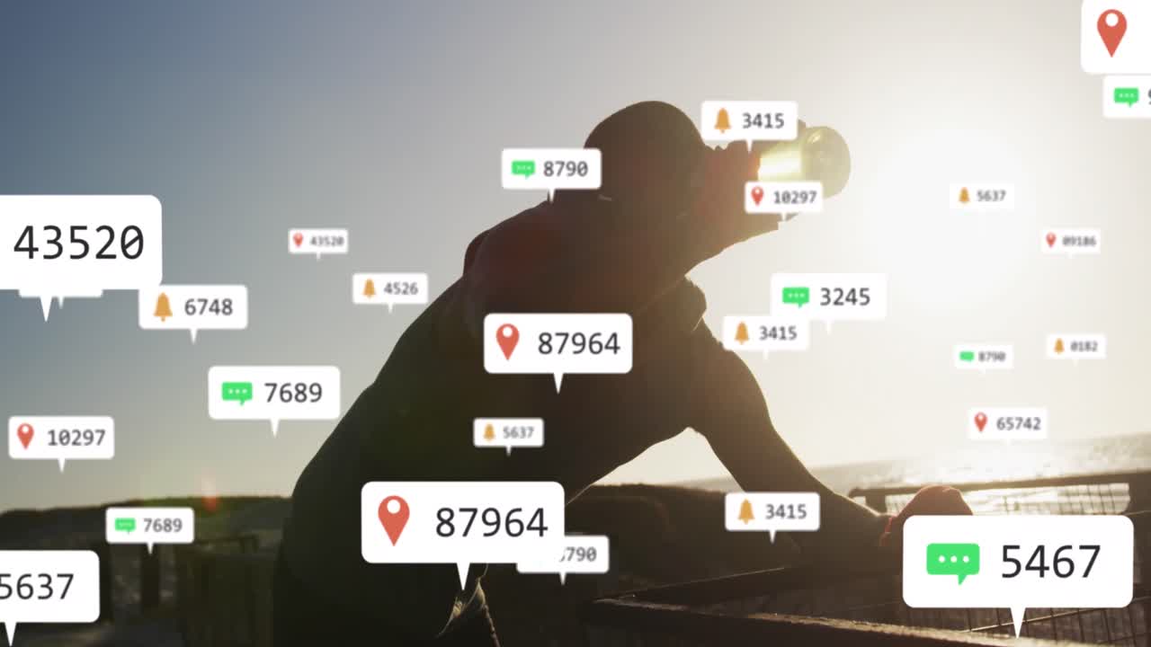 animación de iconos de notificación y números cambiantes, hombre afroamericano sediento bebiendo agua