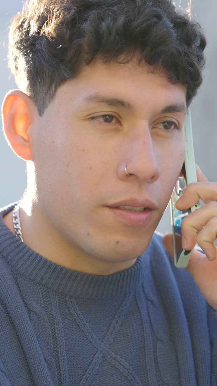 Young man talking on phone: various expressions. Vertical