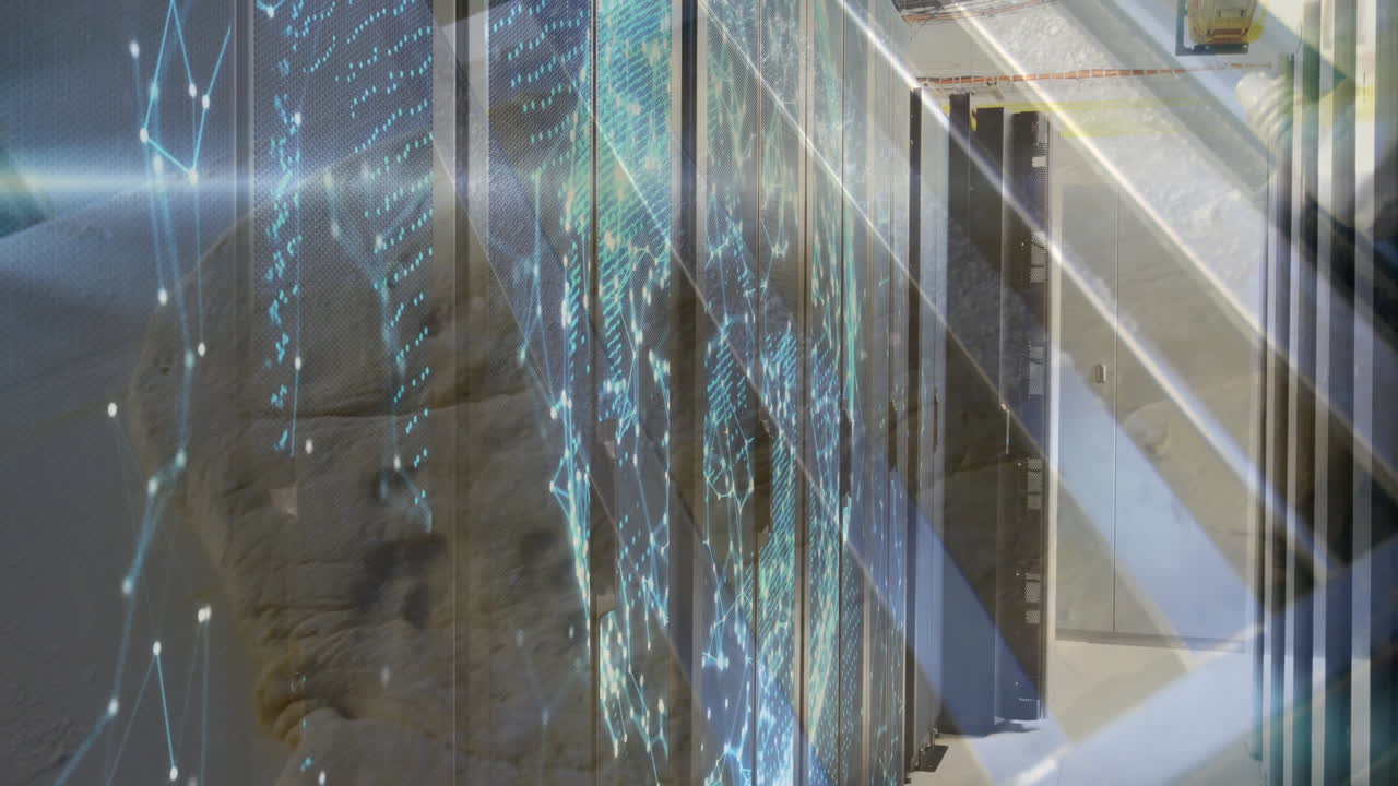 Animation of glowing blue lines overlaying digital data patterns in server room