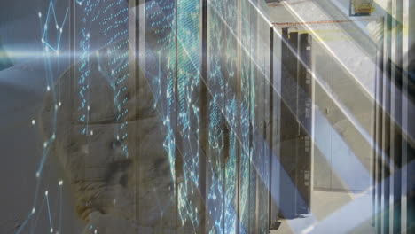 animation of glowing blue lines overlaying digital data patterns in server room