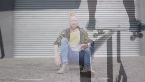 Animation-of-man-skateboarding-over-albino-man-sitting-on-skateboard