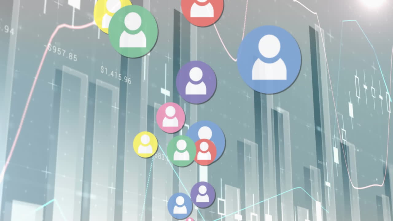 animación de iconos de perfiles coloridos que se mueven sobre múltiples gráficos y números
