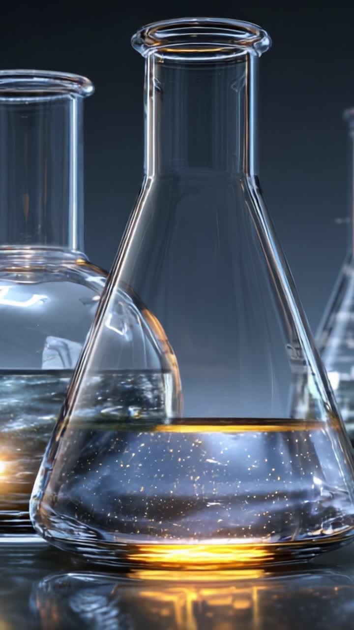 Un primo piano di vetreria da laboratorio che mostra liquidi chiari e ambrati che riflettono la luce, evidenziando la bellezza della scienza in un contesto moderno.