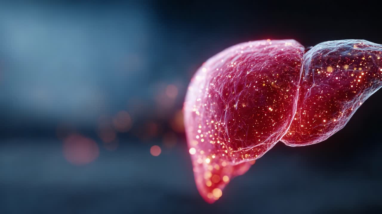 A Stunning Visual Representation of a Human Liver with Sparkling Particles, Highlighting Its Biological Significance and Functionality in the Body's Metabolism