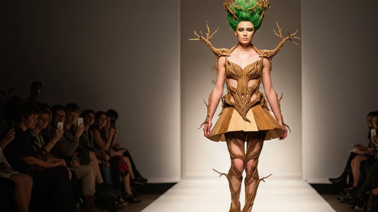 A Stunning Model Showcases an Innovative Nature-Inspired Fashion Design with Unique Wood and Leaf Elements on the Runway, Captivating the Audience's Attention with Artistic Flair