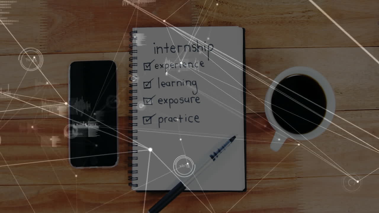 Internship notes being visualized on desk showing notebook, phone, pen, coffee mug, network overlay