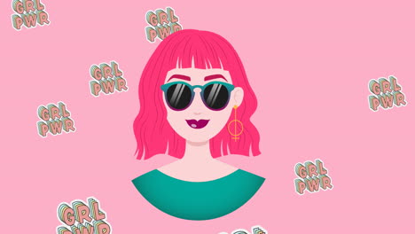 animation of girl power text over woman wearing sunglasses