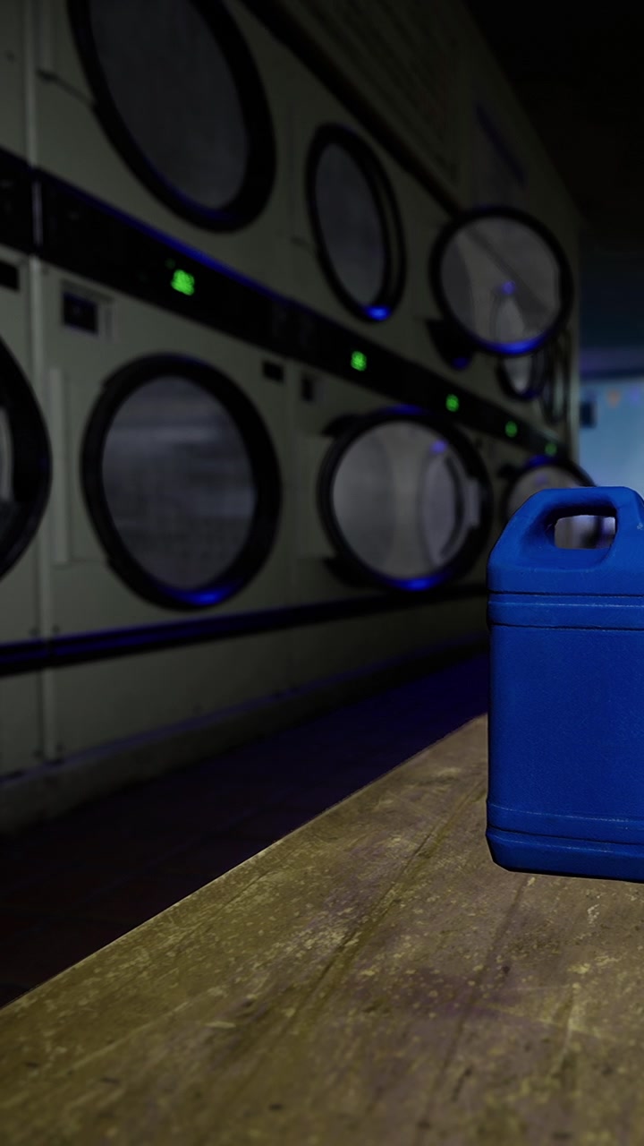 Blue container on table in a laundromat during evening hours