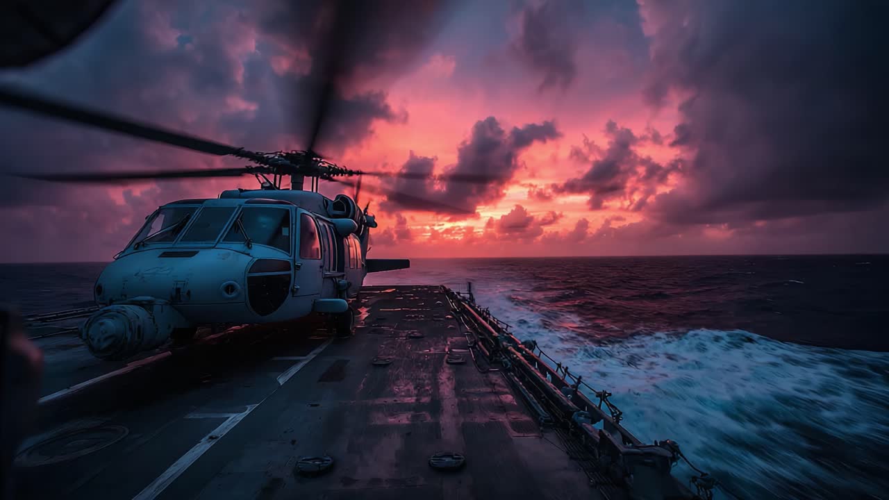 Un elicottero decolla da una nave militare con uno splendido cielo crepuscolare sull'oceano, mettendo in risalto le operazioni militari e le condizioni atmosferiche