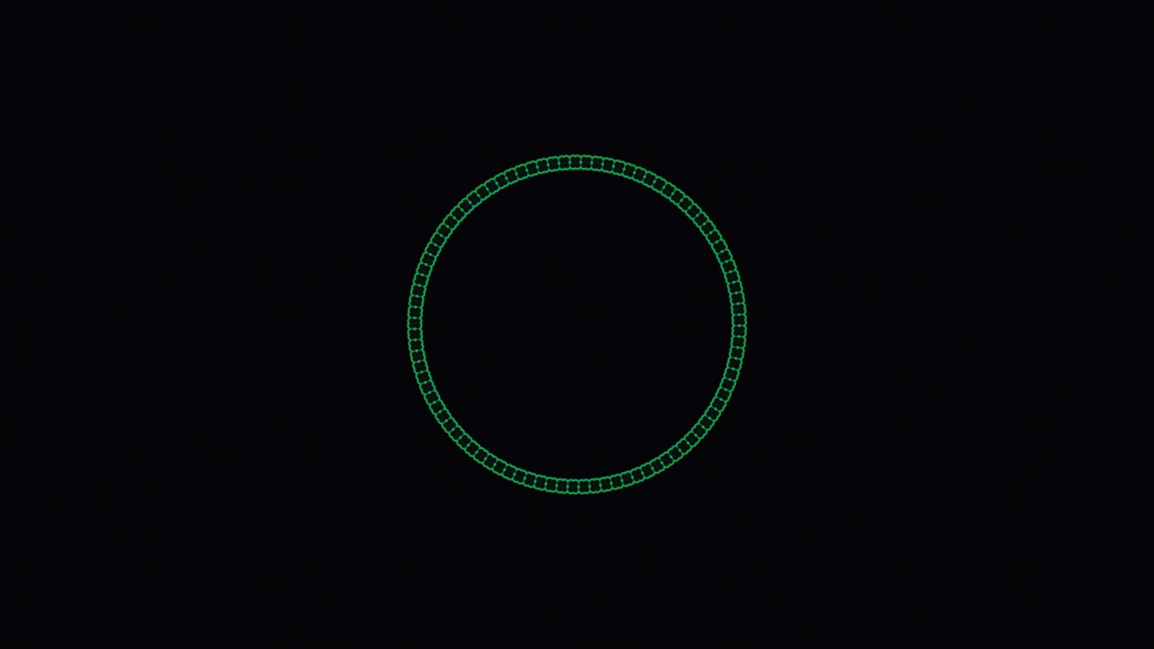 A geometric circular pattern appears on a dark backdrop. The design evolves slowly, showcasing symmetry and intricate lines, creating an engaging visual effect